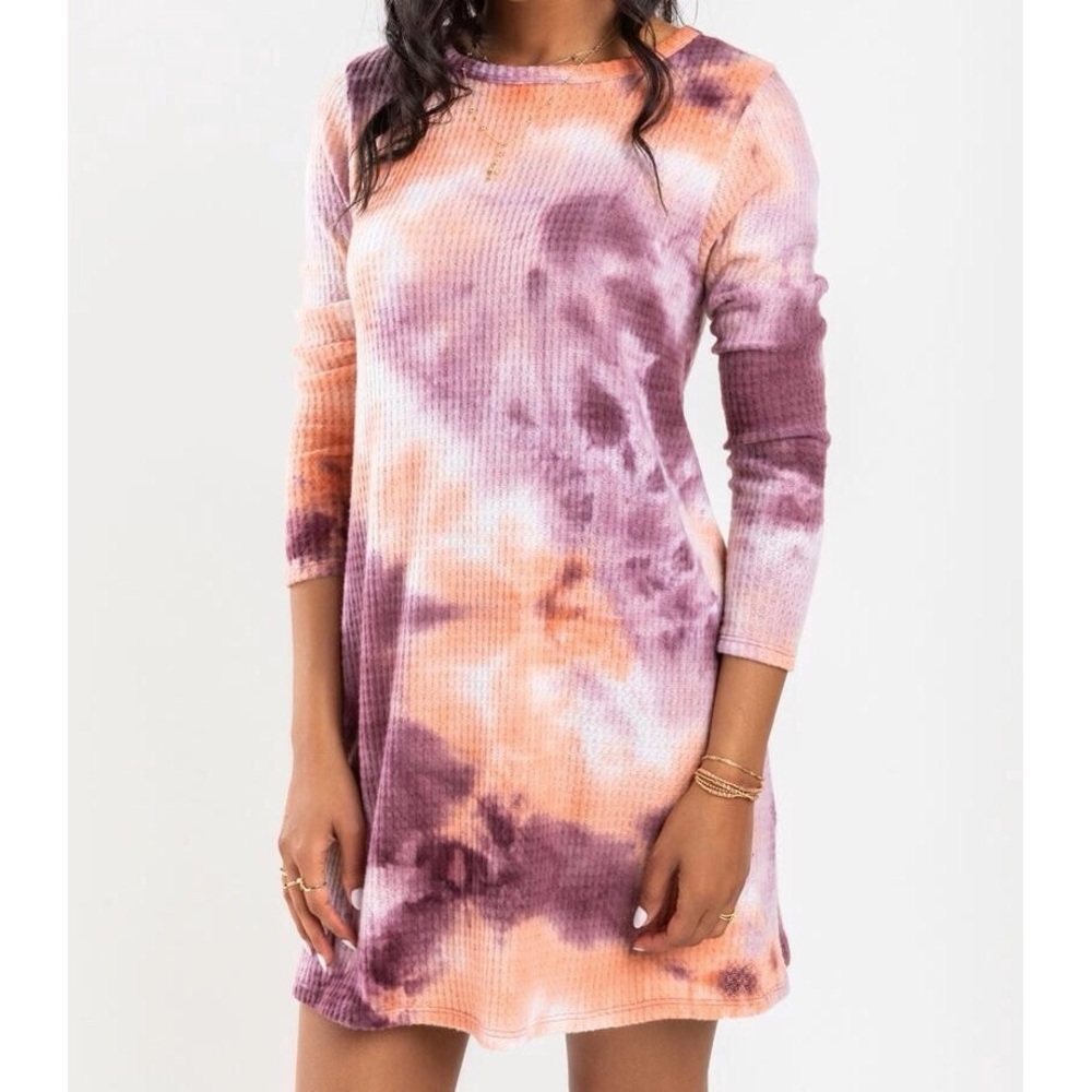 Alya Tie Dye Dress Small Long Sleeve Waffle Knit - Picture 1 of 3